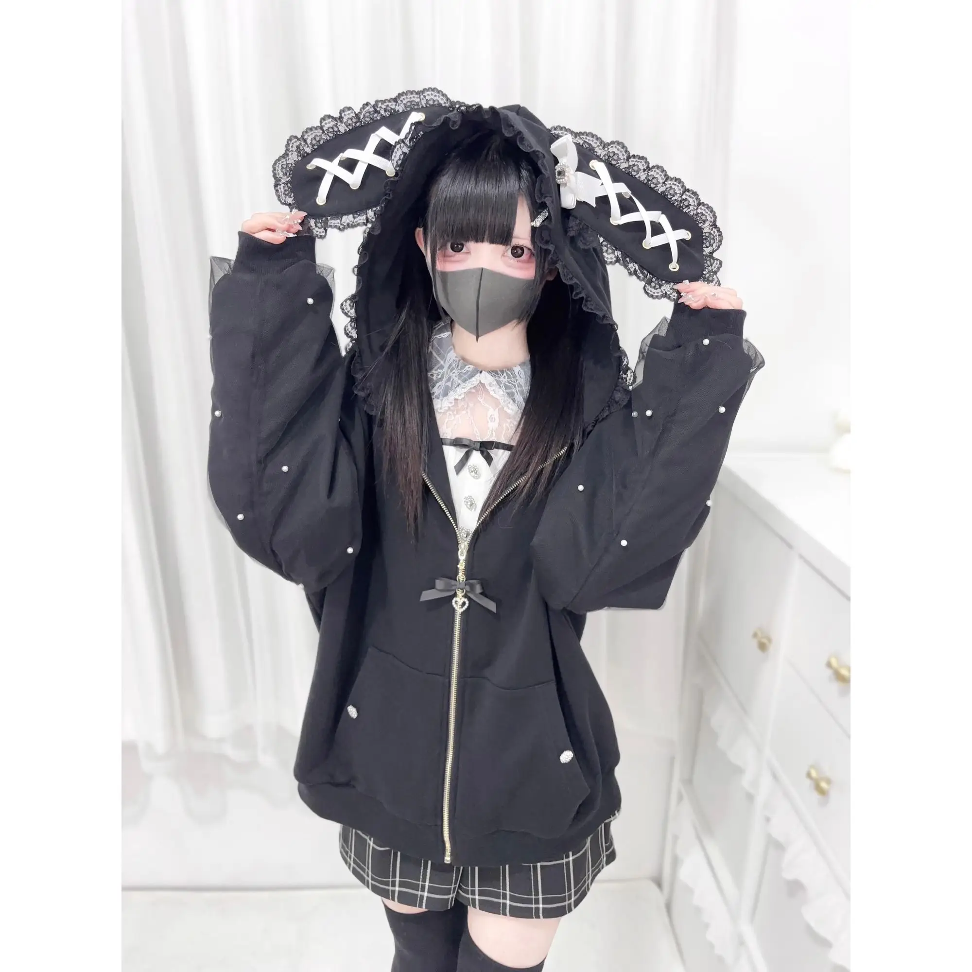 NONSAR Japanese Subculture Anime Bandage Rabbit Ear Hooded Coat Women Bow Pearl Decoration Cute and Versatile Long Sleeve Jacket