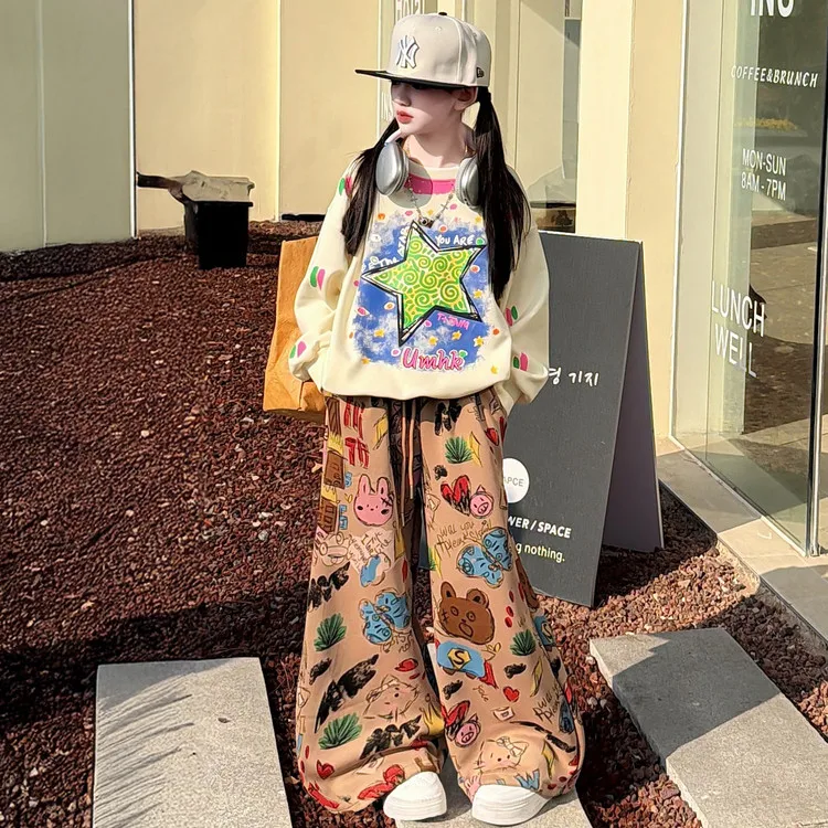 spring teen girls cartoon graffiti wide-leg pants casual sweatshirt junior kid leisure clothes outfits Street dance hip-hop jazz