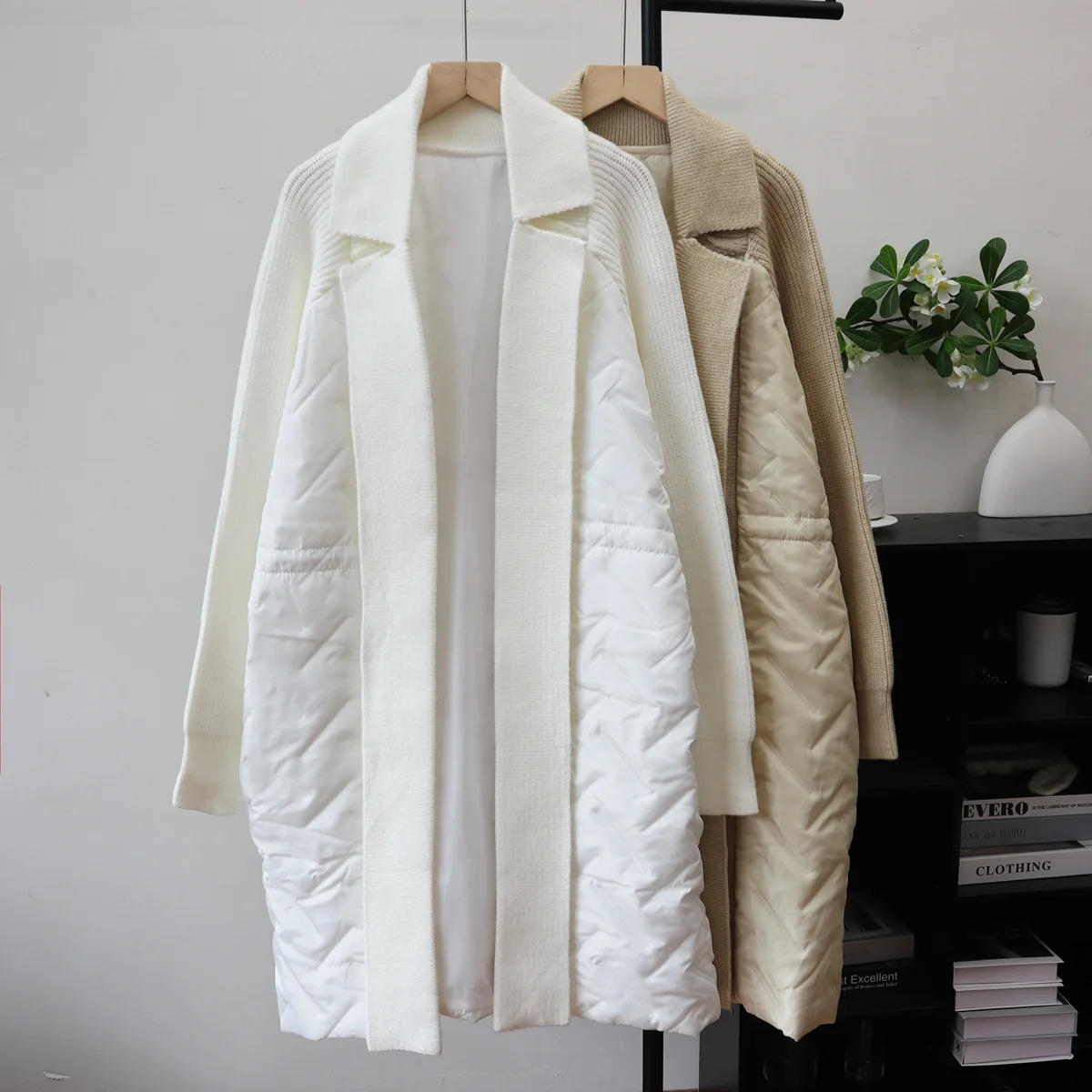 Women Knitted Parkas Coats Spliced Long Jackets Turn Down Collar Long Sleeve Waist Cinched Loose Thick Casual 2025 Autumn Winter