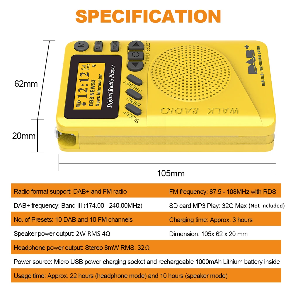 Mini Pocket Radio Portable FM/DAB/DAB+ Radio SD Card MP3 Player Clock USB Rechargeable FM DAB Receiver LCD Display