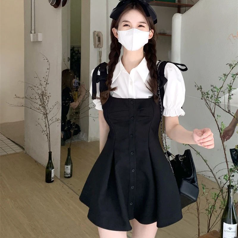 Women's Two-Piece Set Design Black Casual Mini Dresses, Korean Style, College Simple, Trendy, Summer Goth, Sexy Party Dress Suit