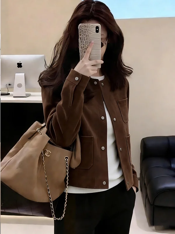 Chic Korean Style Brown Jacket Women's Fashionable Spring 2026 New Style  Shirt Age-Defying Casual Straight Cut Splice