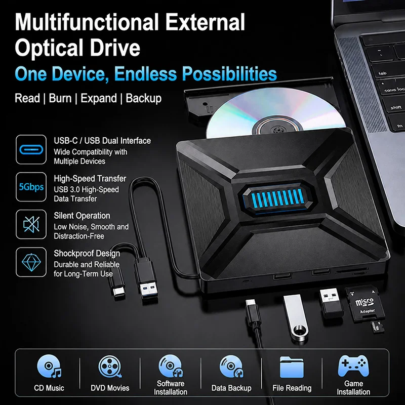 Deepartner Multifunction DVD Player High Speed Data Transfer 7-in-1 Optical Drive USB 3.0 Type-c External Portable CD/DVD Reader
