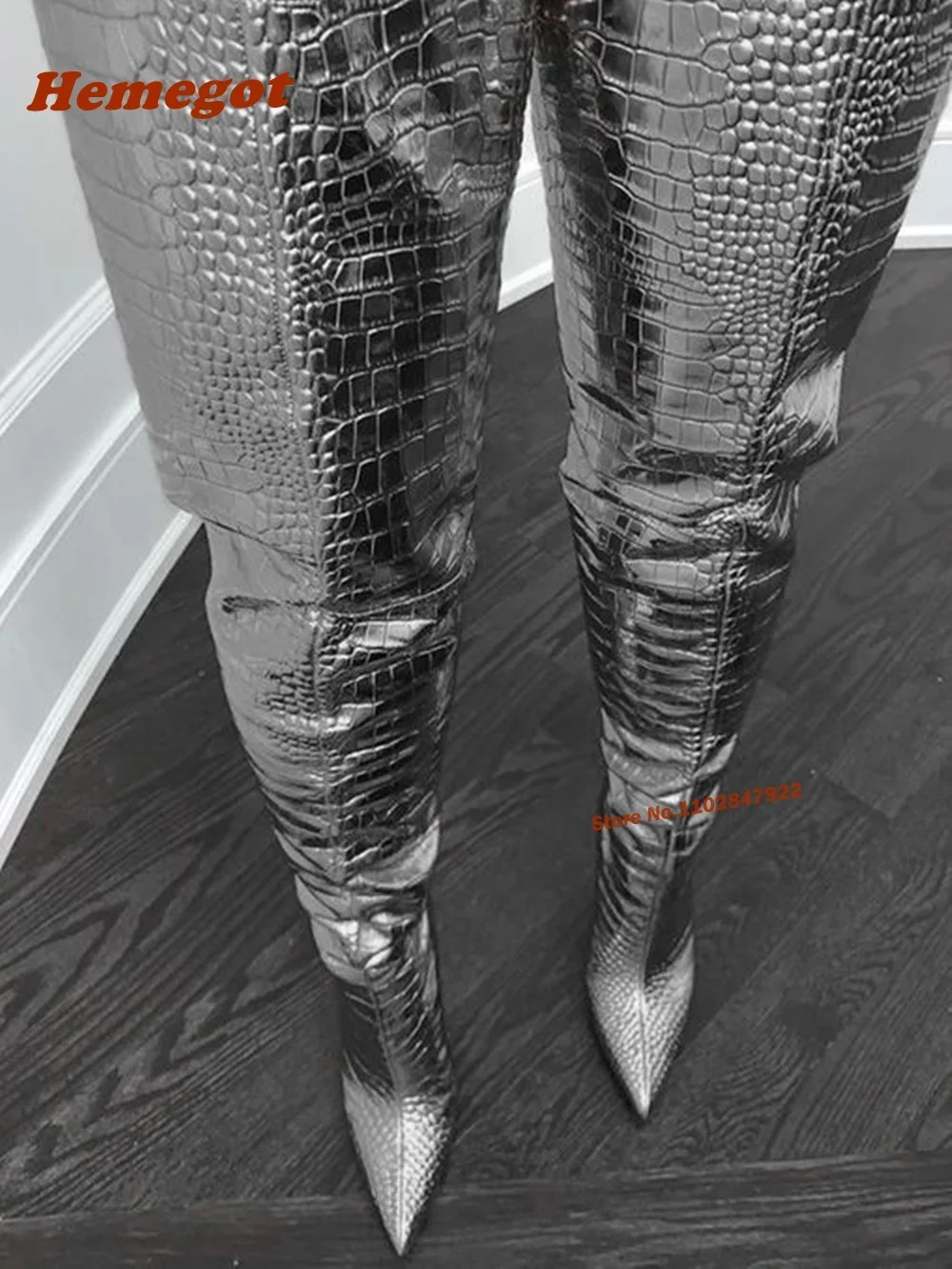 Over The Knee Boots Thin High Heels Casual Female Stone-Pattern Glossy Plus Size Metallic Stiletto Golden Boots Pointy Toe