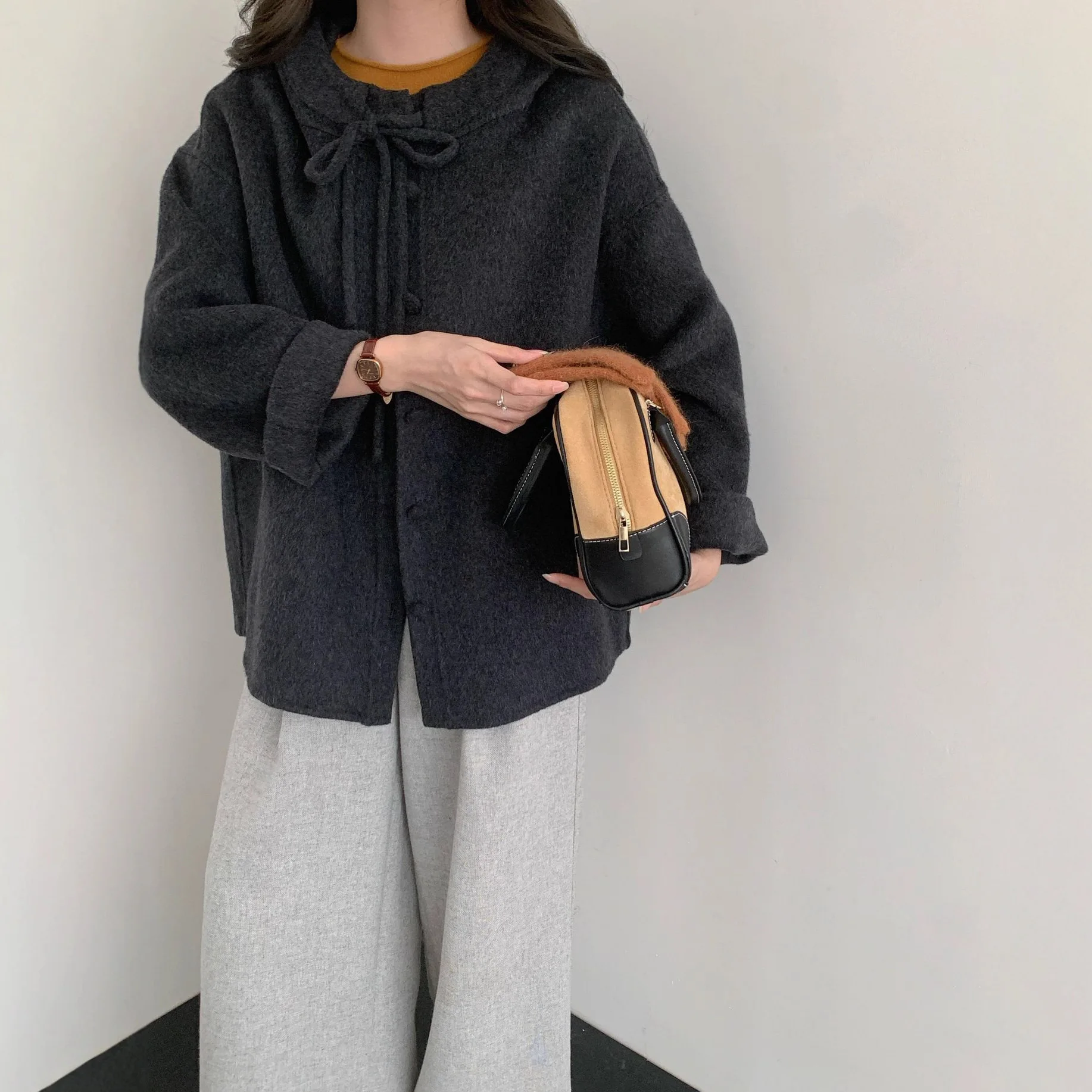 양면 카메라 티 울 코트 여성용 루즈핏 매듭 모자 디자인 겨울 패션 아우터웨어