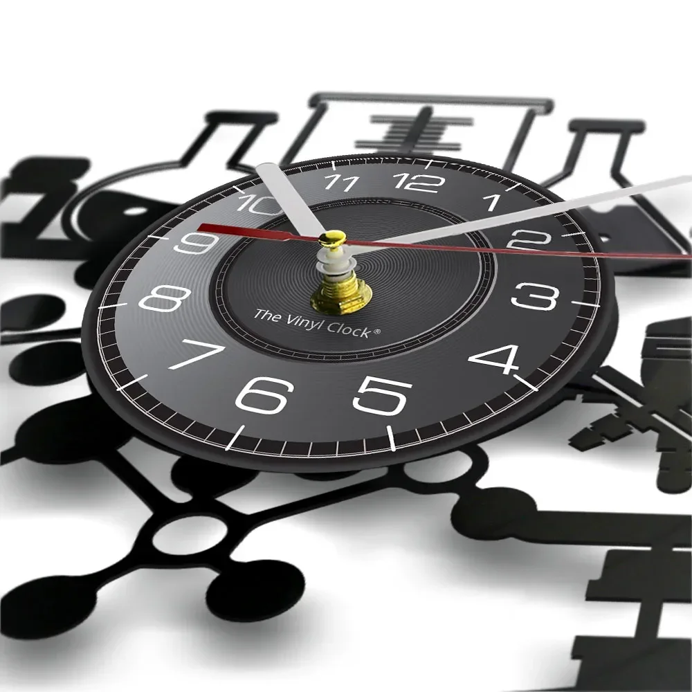 Chemical Experiment Vinyl Record Wall Clock Chemistry Microscope Bunsen Burner Retro Wall Watch Laboratory Science Decor Watch view 3