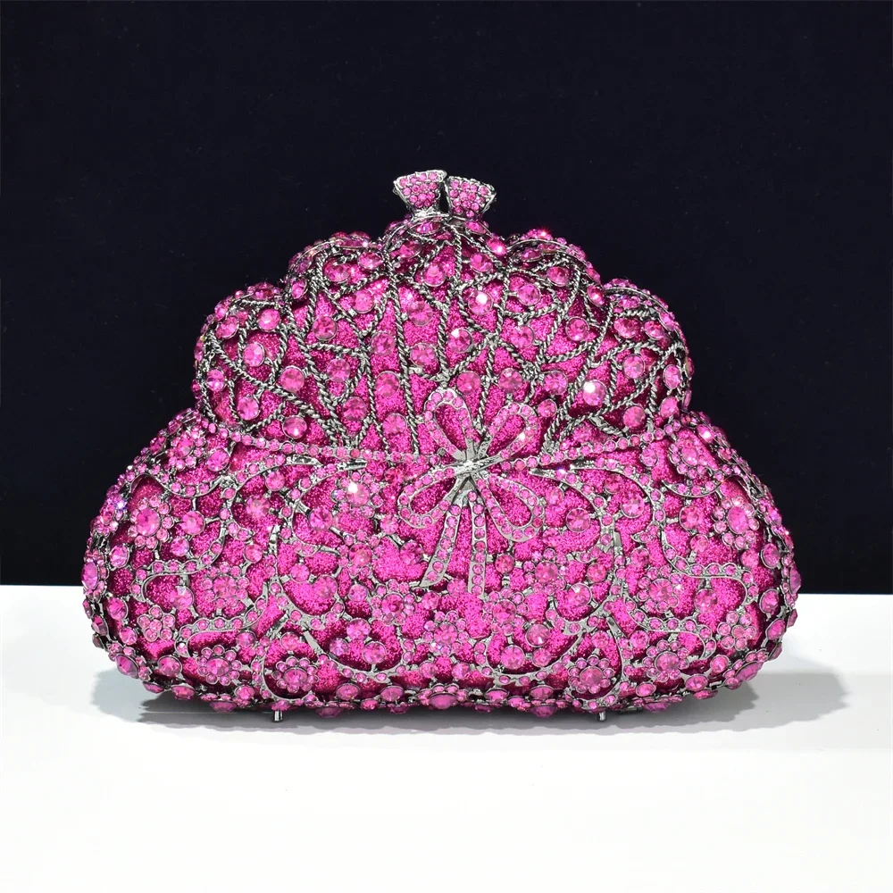 Elegant Women Fuchsia Clutch Evening Bags Ladies Wedding Crystal Dinner Banquet Purse Bridal Rhinestone Birthday Party Handbags