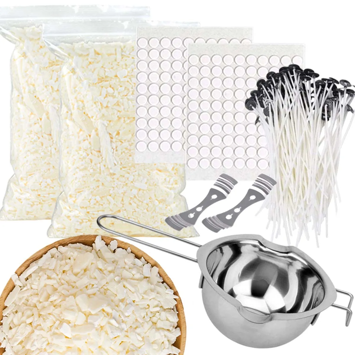 

1Kg Soy Wax Set with 400Ml 304 Stainless Steel Wax Melting Pot Aromatherapy Paraffin Material Pure Wax-Core DIY Candles Crafts