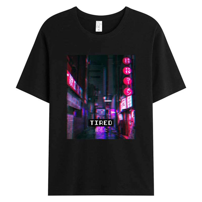 

Tired Vaporwave Aesthetic Men T-shirt Cotton Fabric Novelty Designer Pattern Weekend Top Tees Man Clothes Casual Fits Printing