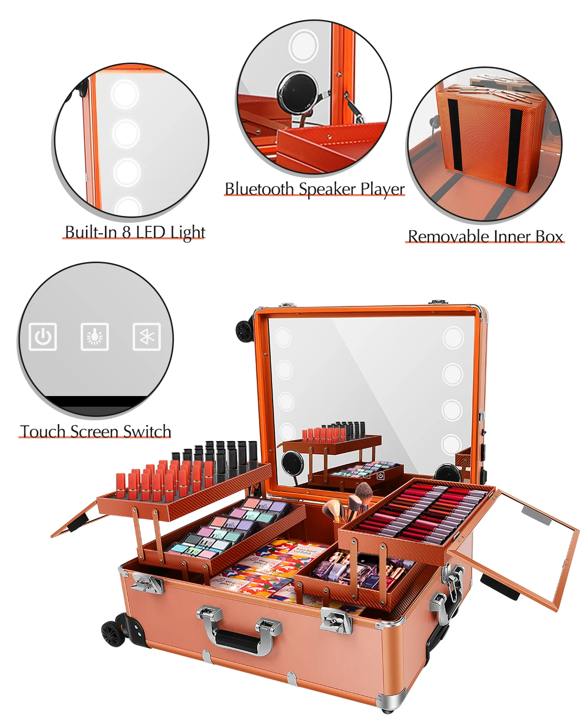 Aluminum Trolley Makeup Train Case with 8 LED Light 24'' Rolling Cosmetic Organizer Studio Speaker Make up Artist Studio Free St