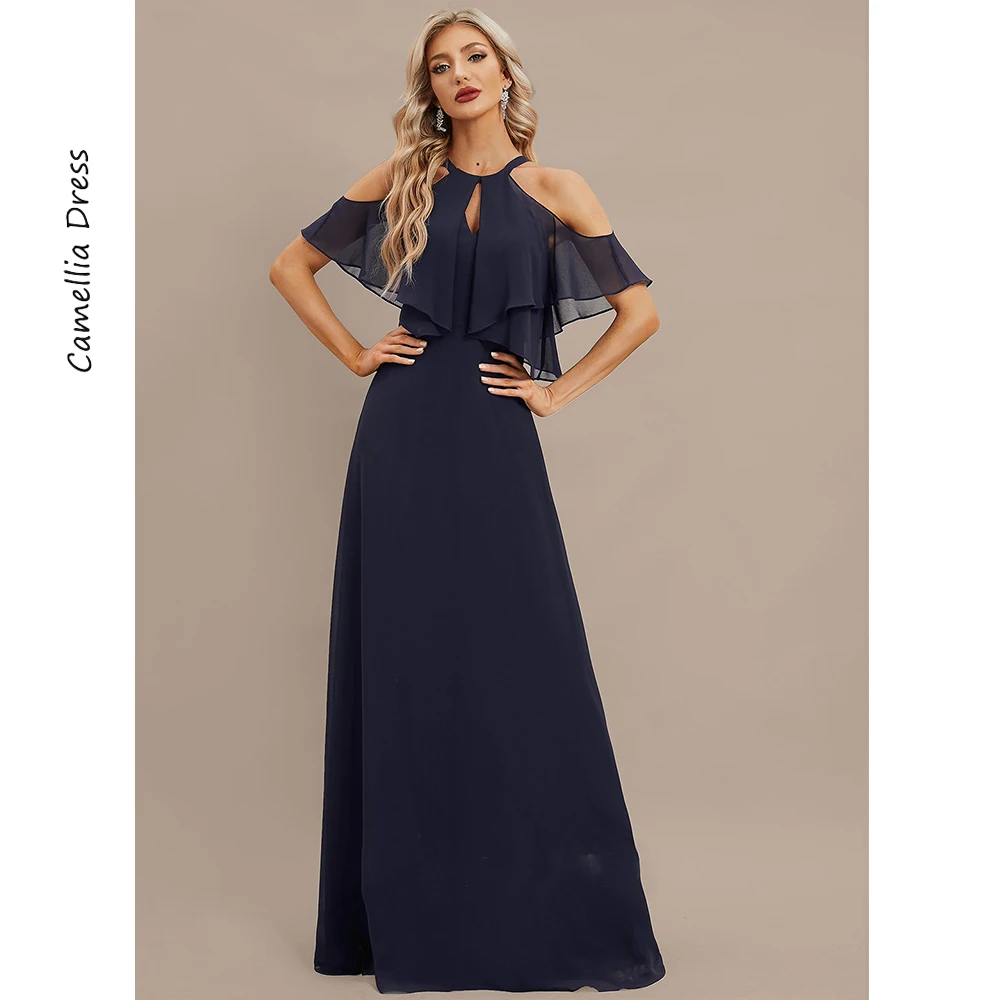 Vestido de noite feminino linha A, sem mangas, vestidos de festa, vestidos formais de chiffon, ombro frio, novo