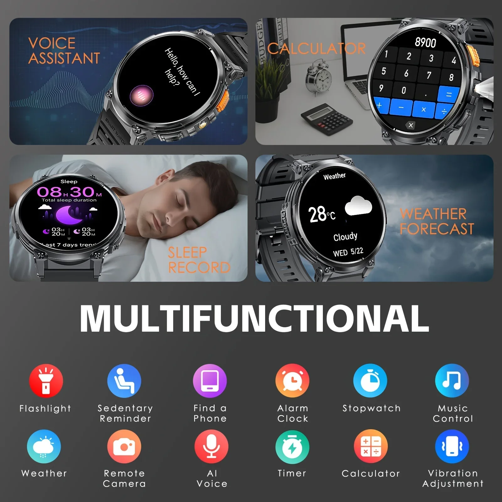 Smart Watch Men Flashlight Bluetooth Call 1.85inch 128MB Memory 730mAh Large Battery LED Light Outdoor Sport Smartwatch