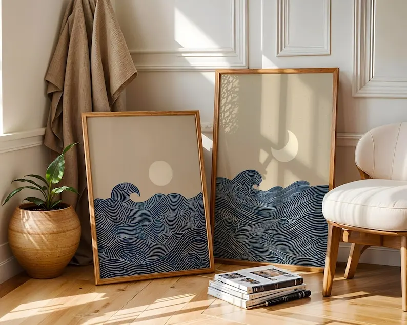 2pcs Japandi Minimalist Moon Crescent Canvas Wall Art Prints, Frameless Abstract Landscape Canvas Poster for Living Room Decor