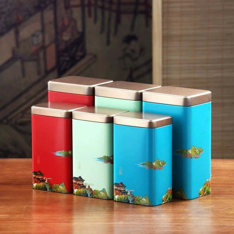 Tea Tin Square Tin Portable Metal Tin Tea Box Storage Portable Chinese Iron Box Tea Sealed Pot Living Room Coffee Table Tea Set