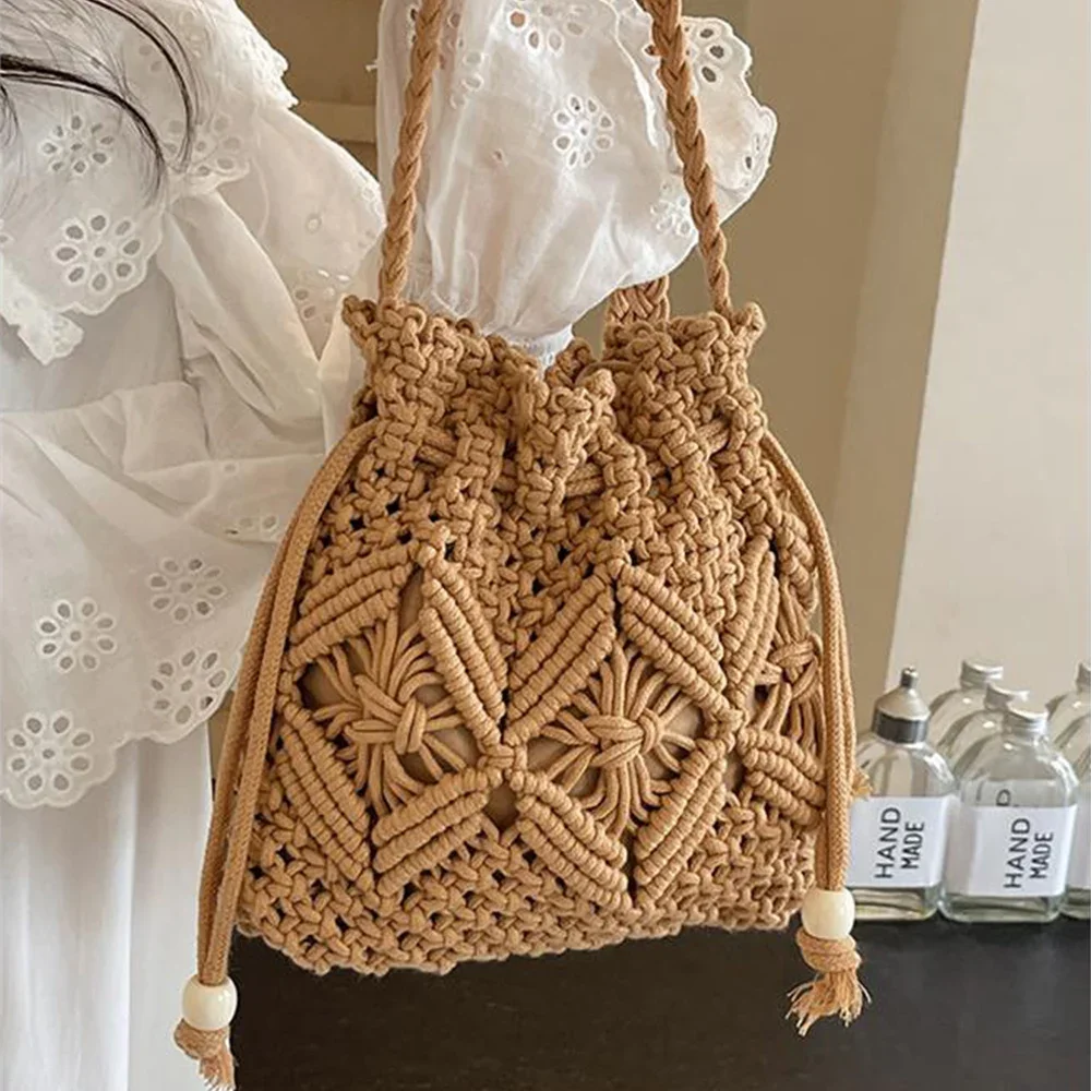 

Vintage Women Woven Bucket Bag Flroal Pattern String Crossbody Pack Large Capacity Female Daily Commute Messenger Shoulder Packs