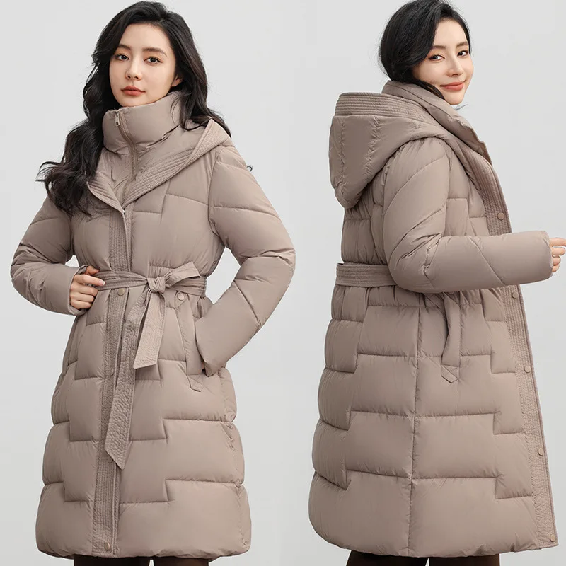 Hooded Women Parkas Coat Long Overcoat Solid Waist Tie Zipper Turn Down Collar Loose Thick Casual Office Lady Autumn Winter 2025