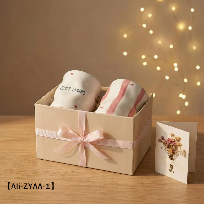 【A】Hand Painted Striped Heart Ceramic Mug Irregular Wrinkle Shape Ins Style Coffee Cup For Home Office Afternoon Tea Time Use
