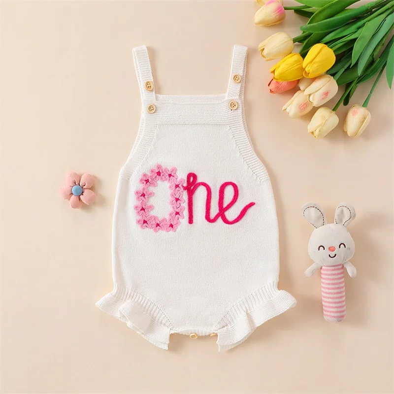 

Baby Girl Birthday Outfit One Romper Sleeveless Jumpsuit Flower Embroidery Overall Newborn Cake Smash Clothes