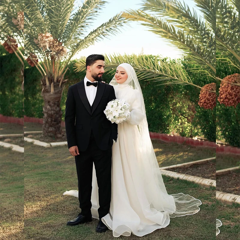 

Holy Wedding Dresses High Neck Long Puff Sleeve Appliques Button A Line Garden Bride Bridal Gown Customized Vestidos De Novia