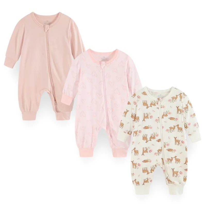 3 Pieces Bamboo Cotton Baby Boy Clothes 0-24M Two Way Zipper Newborn Baby Girl Clothes Solid Color Long Sleeve Autumn Print