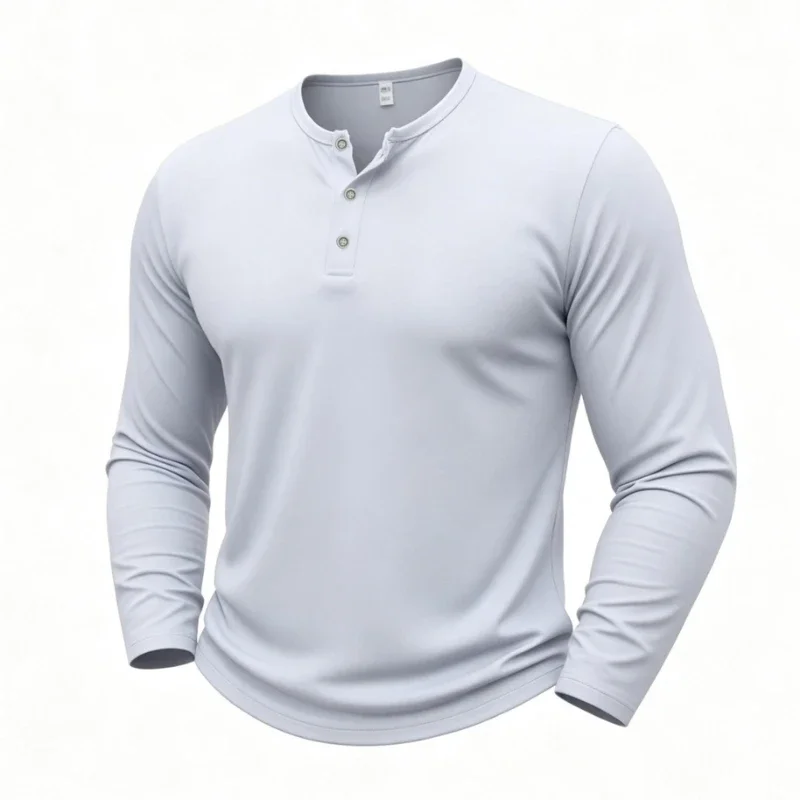 Autumn Fitness Henley Neck T Shirts Men Solid Color Male Long Sleeve Tops Slim Fit Button Neck Casual Cozy Tshirt Streetwear Tee view 3