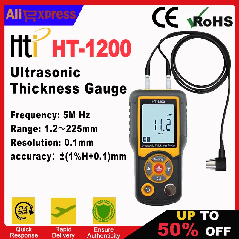 HTI HT-1200 Intelligent Ultrasonic Thickness Meter Metal High Precision Thickness Speed Sound Tester Gauge Digital LCD Display