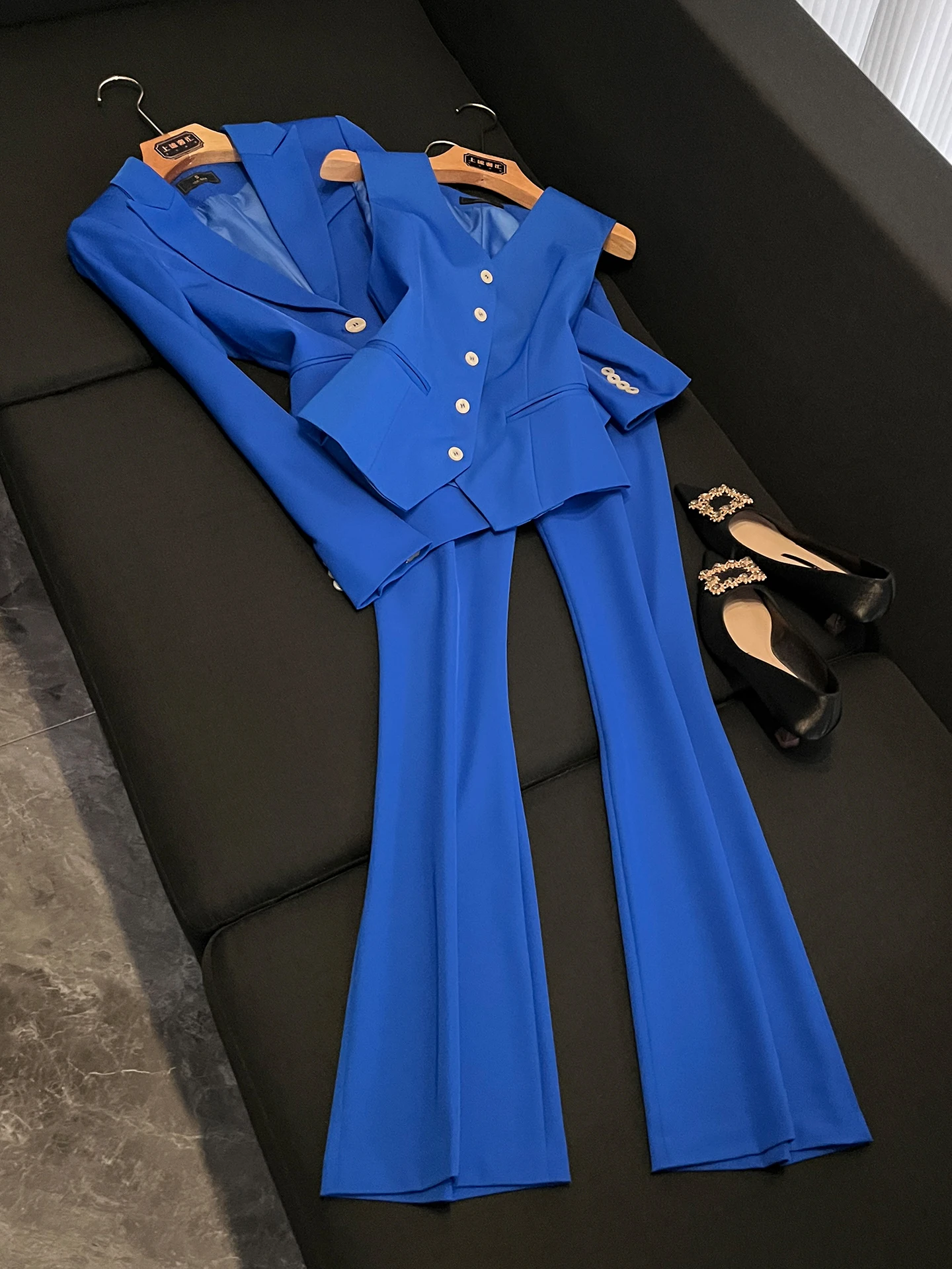 

2026 New Blue Suit Set for Women Summer High-End Commute Workplace Ensemble Elegant Long Sleeve High Waist Pants
