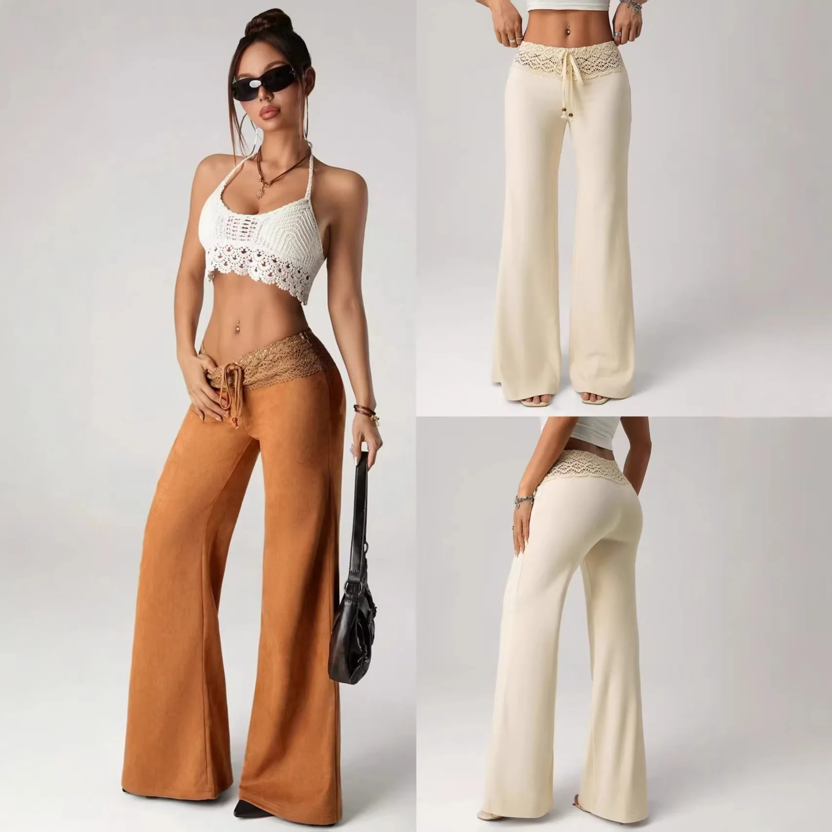 

2026 New Women Elegant Solid Color Lace Trim High Waist Wide Leg Pants Casual Loose Palazzo Trousers