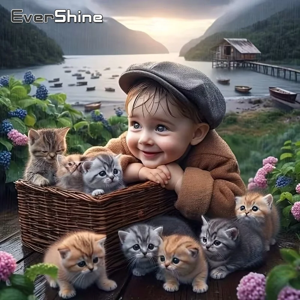 EverShine Diamond Embroidery Boy Portrait Character Painting Cat Acrylic Craft Supplies DIY Mosaic Home Decor Handmade Hobby