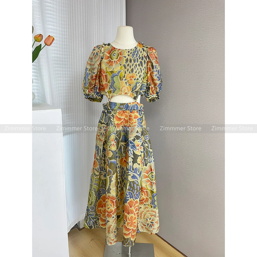 Australian niche retro round neck large flower print off-shoulder hollow waist large swing skirt dress