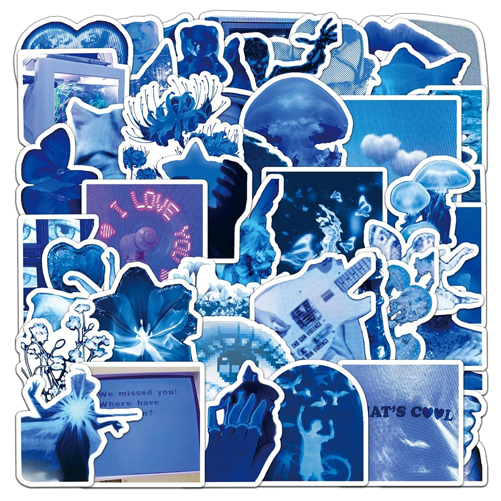 10/30/50PCS Ins Style Low Pixel Blue Cartoon Stickers Aesthetic Graffiti Phone Bike Guitar Notebook Cute Kids Decals Toys