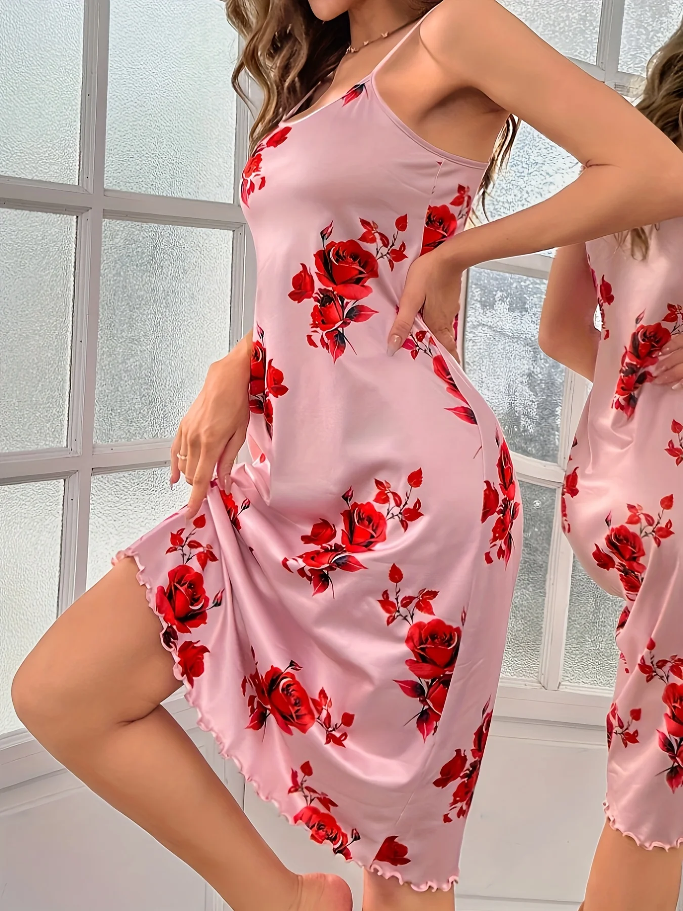 Summer Hot New European and n ladies flower print pink medium and long sexy wooden ear milk silk sling nightgown