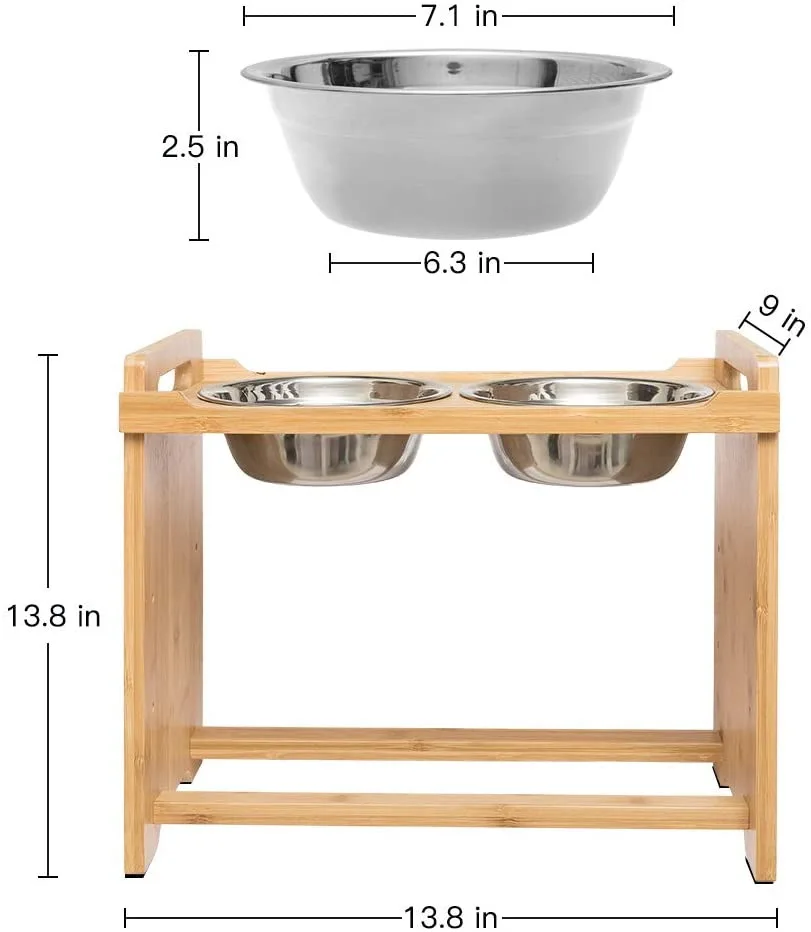 Eco friendly new design 2 stainless steel food water bowls bamboo elevated raised stand dog cat pet feeder with anti slip feet