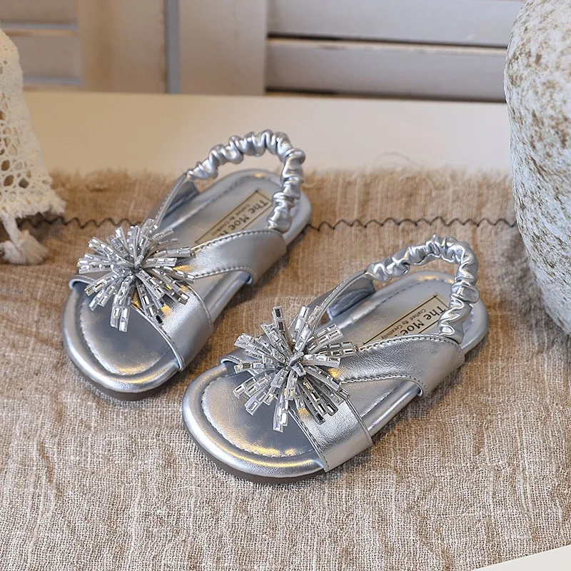 Princess Style Rhinestone Sandals for Girls Summer Beach Shoes Adjustable Strap Anti-Slip Rubber Sole Pure Color Toddler Kids
