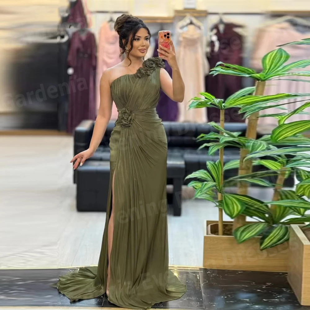 

Graceful Mermaid Women's One Shoulder Evening Dresses 3D Flowers Prom Gowns Customized Side Slit Vestidos De Fiesta Elegantes