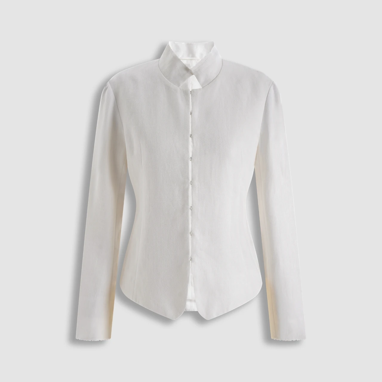 2026 Tailored Linen Waist-Cinching Jacket – White Long Sleeve Stand Collar Blazer with Curved Hem & Minimalist Button Front