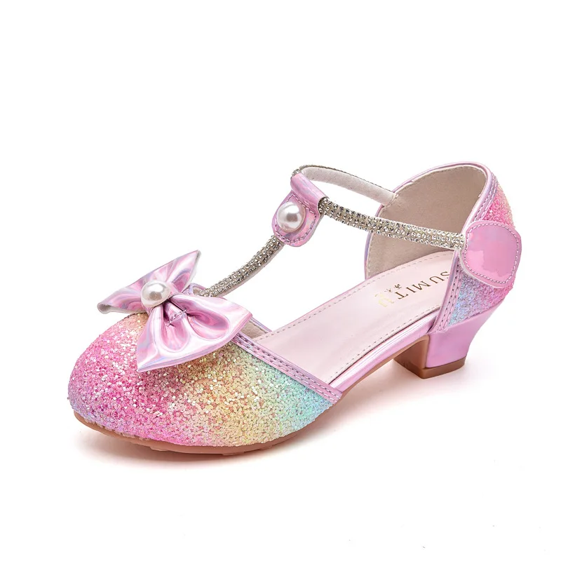 Girls Dress Shoes Glitter Princess Shoe Bow Mary Jane Low Heels Party Wedding Prom Footwear for Toddler Kids