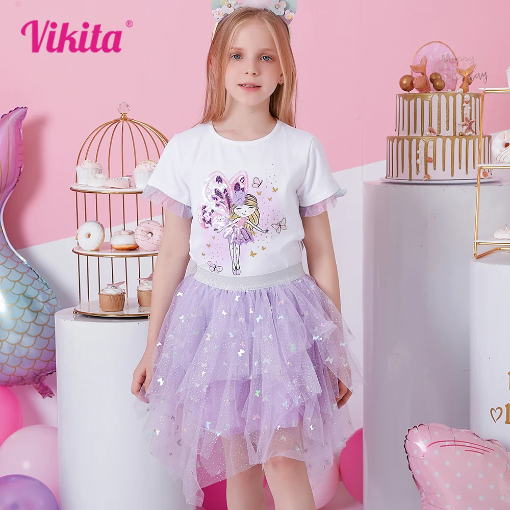 VIKITA Girls Butterfly Sequins Appliqued Skirts Kids Purple Irregular Performance Prom Gown Party Princess Cute Cake Mini Skirts