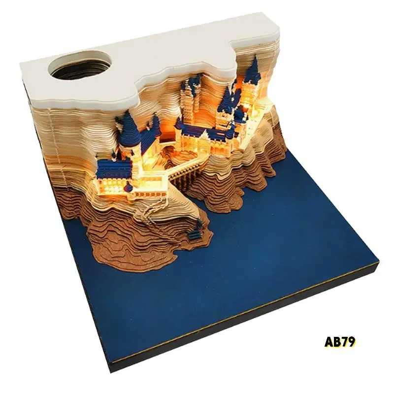 1 セット 3D 城カレンダー LED ライト付き紙彫刻アート卓上カレンダーマジックキャッスルウィークリーカレンダーメモ帳ペンホルダー