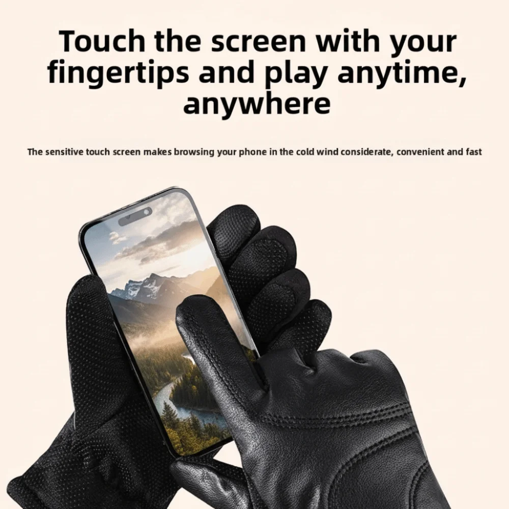 

Простые черные зимние лыжные перчатки, многофункциональные водонепроницаемые мужские кожаные варежки с полным пальцем, сохраняющие тепло, перчатки для вождения, верховая езда