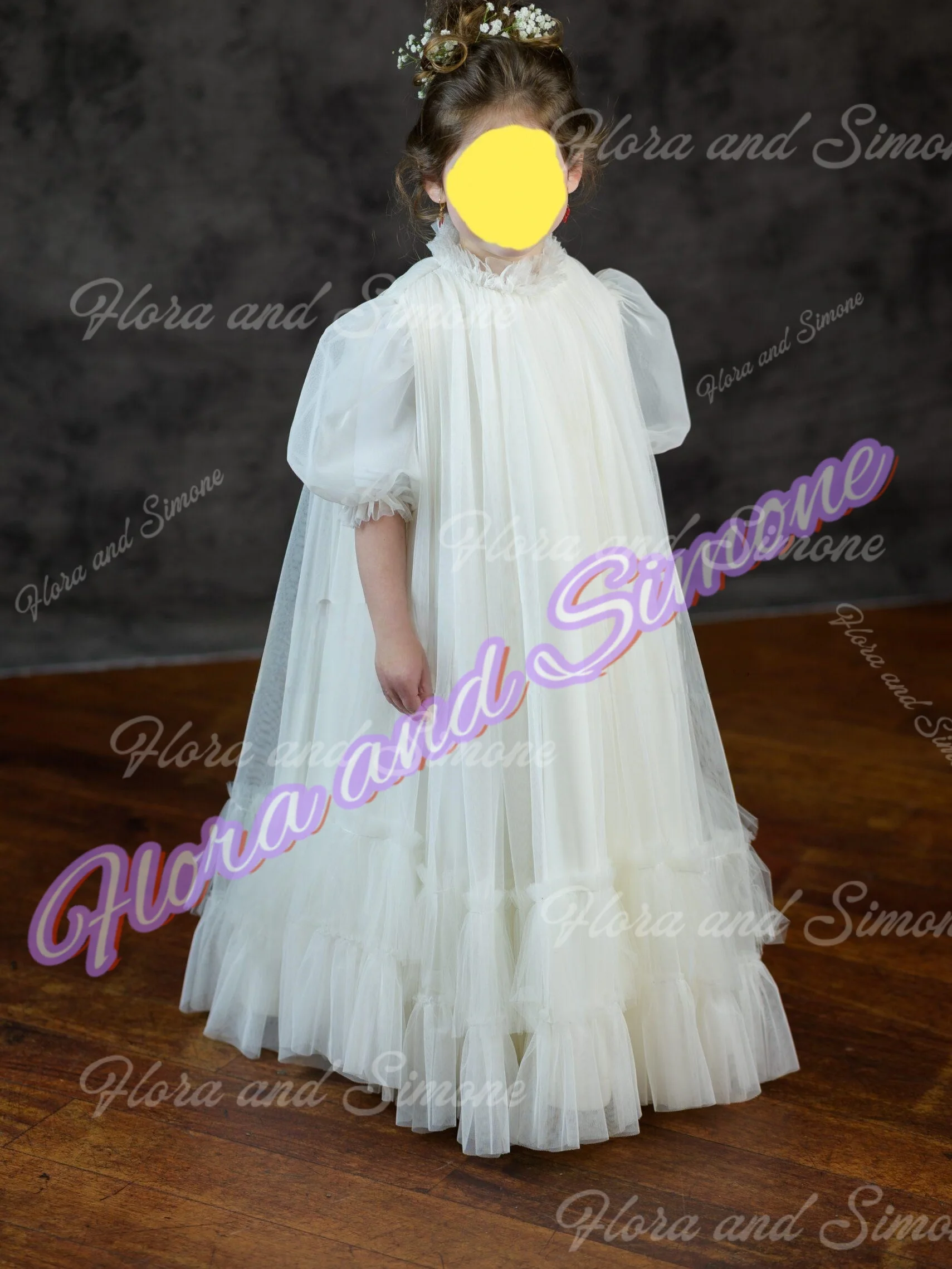 فساتين مخصصة للمناولة الأولى بأكمام قصيرة ورقبة عالية شبكية منفوشة أنيقة لفتاة الزهور مناسبة لحفلات الزفاف #3