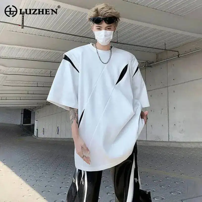 LUZHEN Hollow Patchwork Loose Contrast Out Trendy Color Design Street Wear Tops Men's 2026 Summer Shoulder Pad T-shirts JY7588