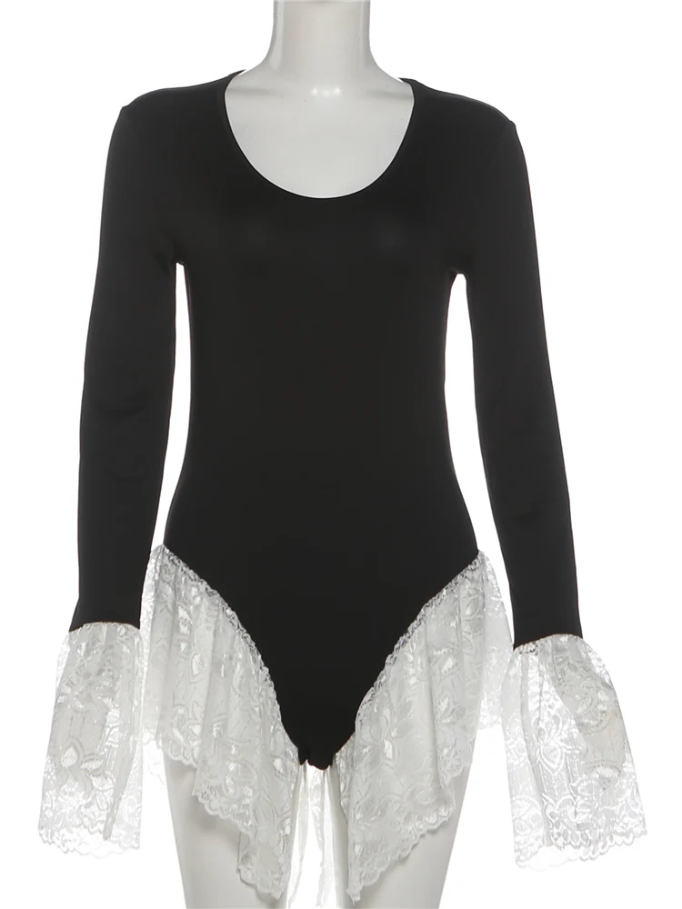 奇妙な猫のようなセクシーなレースパッチワークボディスーツ女性用Uネックジャカードフリルエレガントセクシーシンプルファッションストレッチスリムストリートクラブウェア