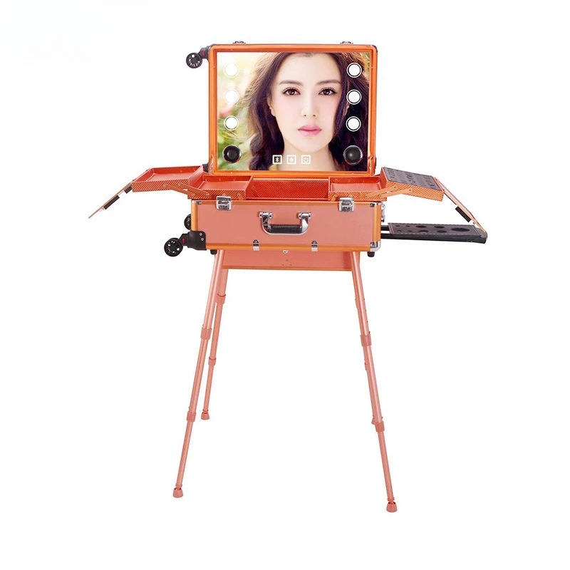 

Алюминиевый кейс для макияжа с подсветкой, многослойный, на колесиках