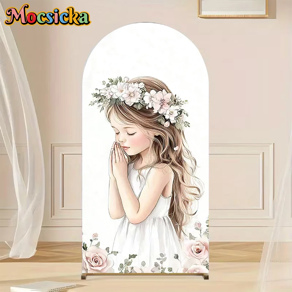 

Mocsicka Double-Sided Arch Background Flower Girl Praying Pattern Decors Baby Birthday Party Arched Covers Backdrop Studio Props