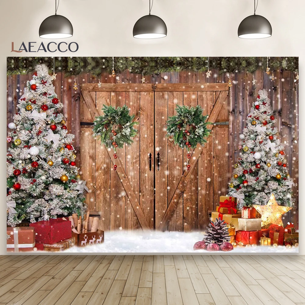 Merry Christmas Xmas Tree Photography Background Winter Falling Snow Wooden Door Decor Kids Portrait Indoor Photocall Backdrop