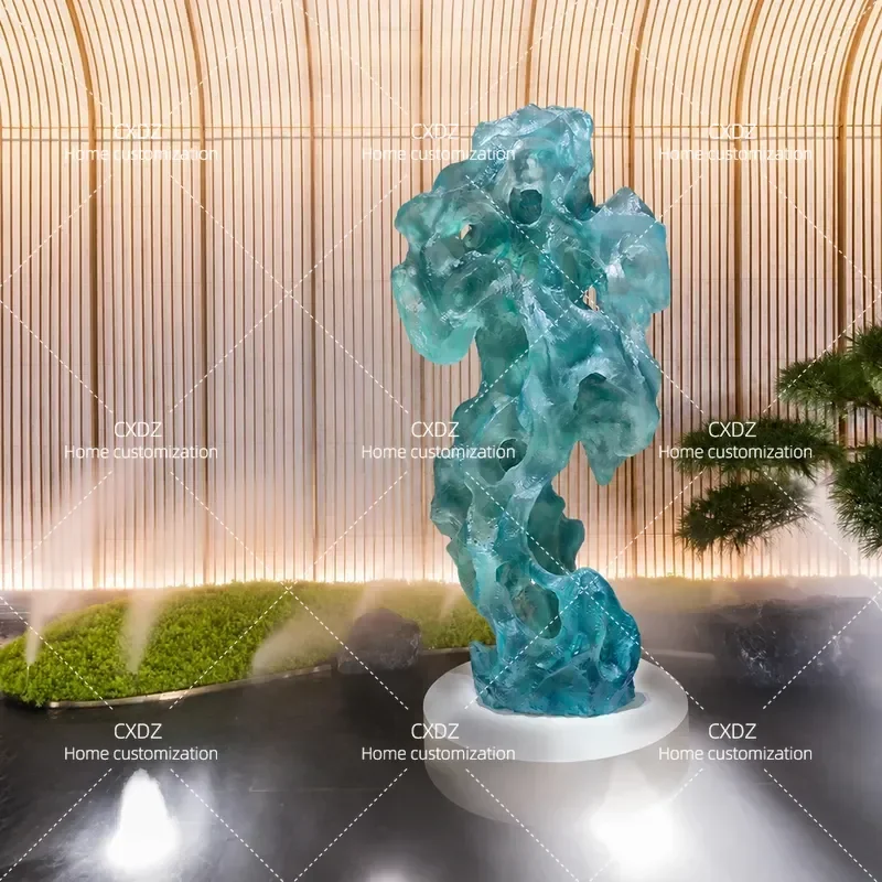 Large Transparent Resin Taihu Stone Sculpture Floor Ornament for Hotel Villa Courtyard Living Room Entrance Home Decor