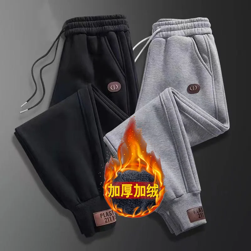 

Men's Labor Plush Warm Drawstring Cargo Pants Casual Working Sports Small Feet Letter Printing Sweatpant