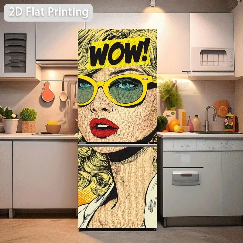 Kühlschrankaufkleber Wow! (Pop-Art-Stil Weibliches Porträt) Thematische Szenerie Wandaufkleber Selbstklebende Tapete Geeignet für Hütten