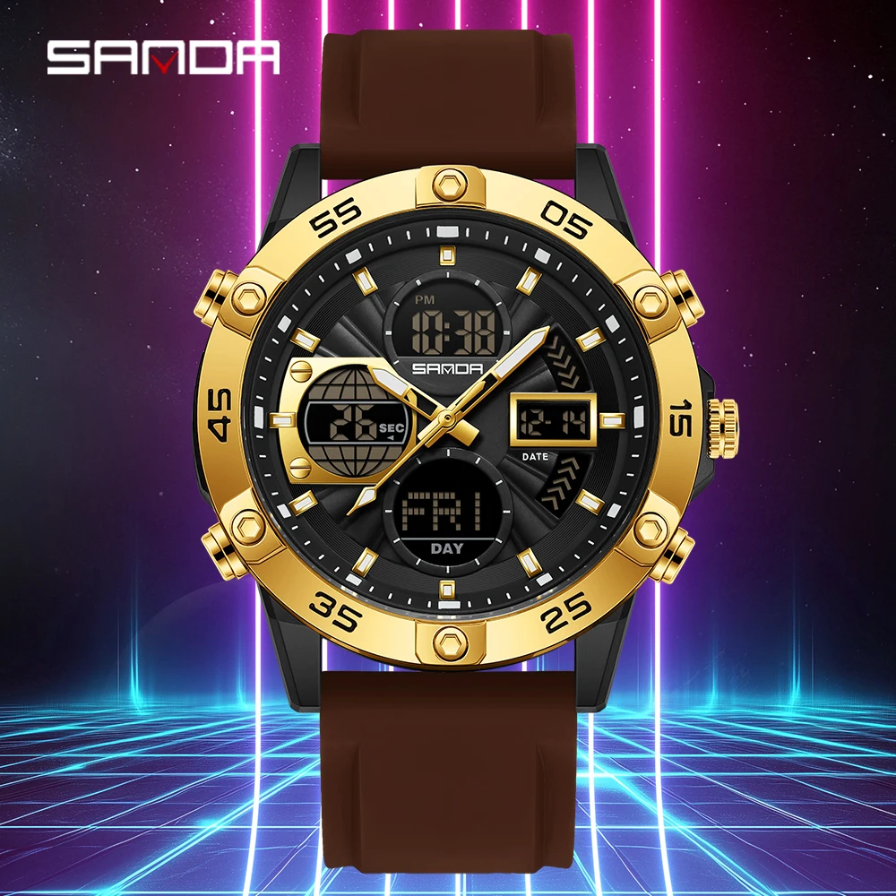 SANDA ساعة رياضية رجالية عصرية جديدة 6239 مع شاشات مزدوجة وحركات مزدوجة، هدية متعددة الوظائف مقاومة للماء 5ATM